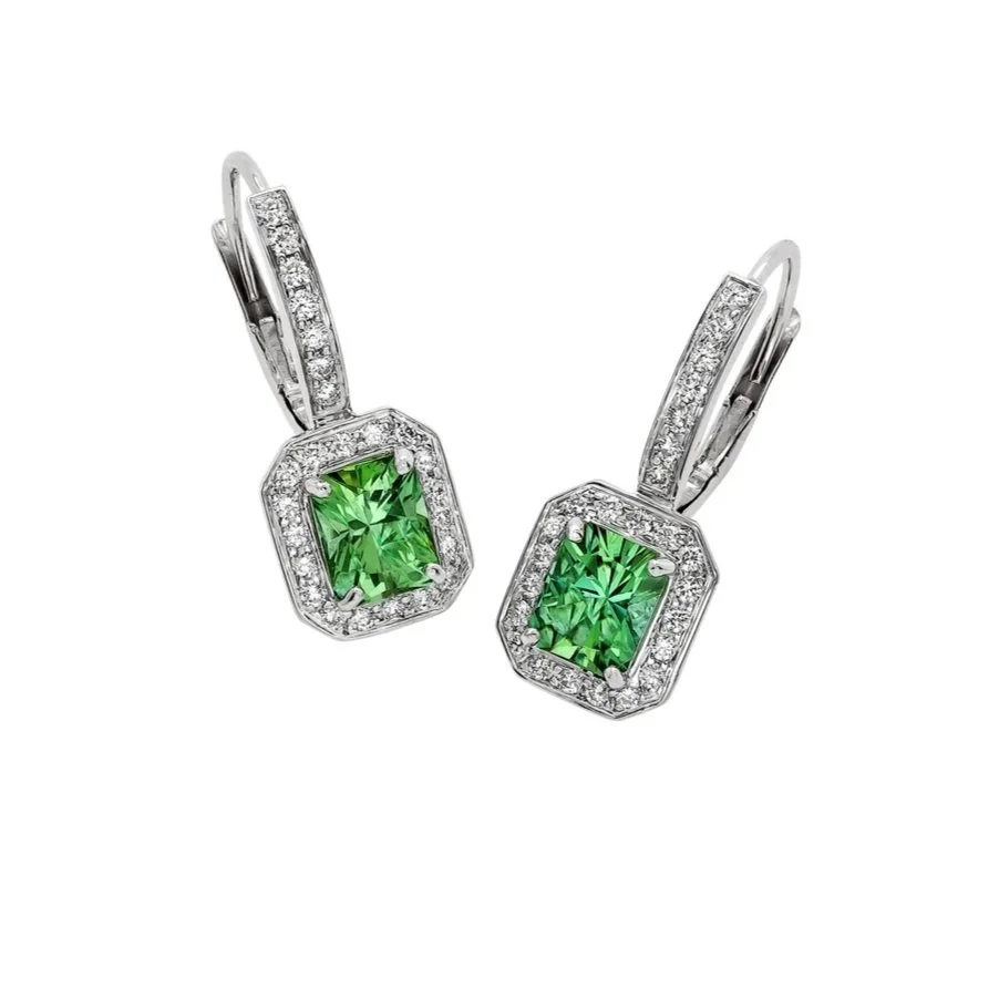 Mint Tourmaline Drop Cluster Earrings; 1.68 Tourmaline carat total weight, surrounded by 0.40 carats of Round Brilliant Cut Diamonds. Set in 18k white gold.