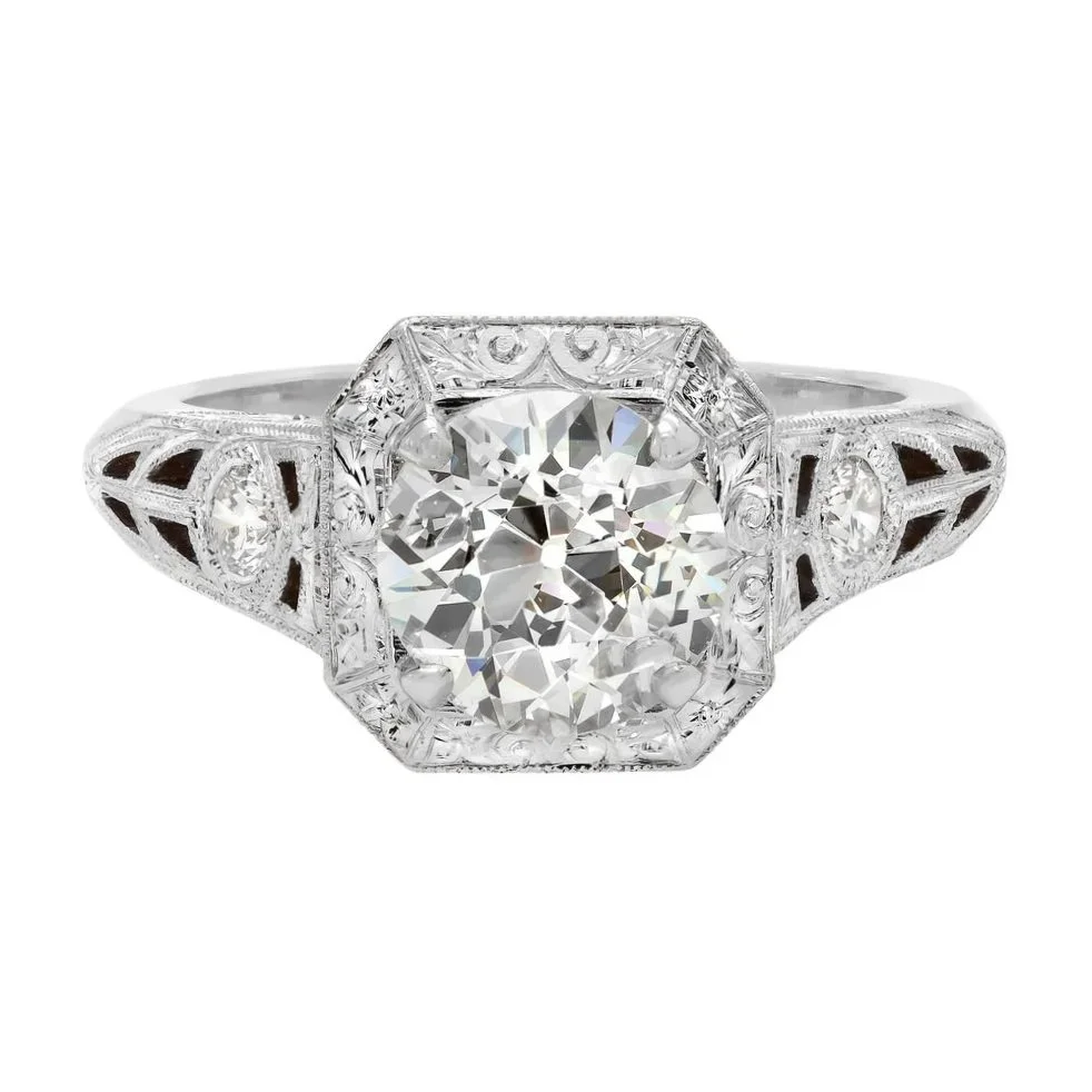 1.96 carat Old European Cut Diamond Ring; 2.12 carat total weight in a vintage inspired setting. Set in 18k white gold. 