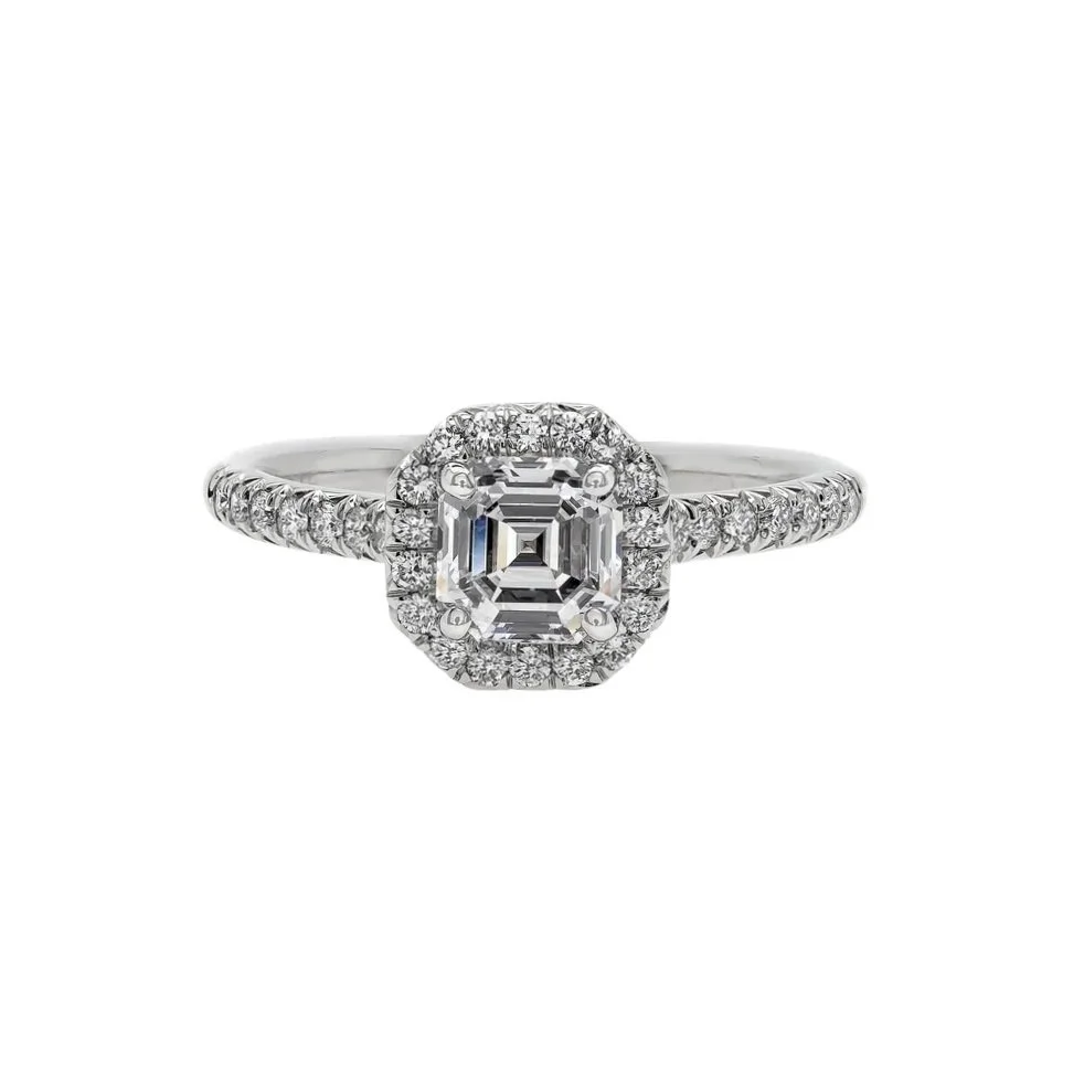 1.02 carat Asscher Cut Diamond Halo Ring with diamonds on the band; 1.42 carat total weight. Set in platinum.