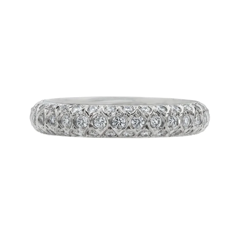 3-Row Eternity Band, 1.14 carat total weight in Round Brilliant Cut Diamonds. Easily Stackable. Set in platinum.