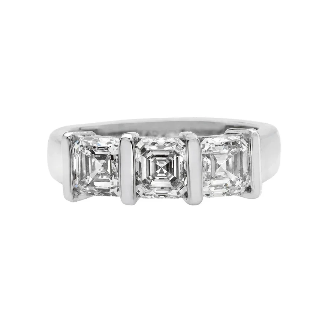 3 stone Asscher Cut Diamond Ring; 2.46&nbsp;carat total weight. Set in platinum.&nbsp;