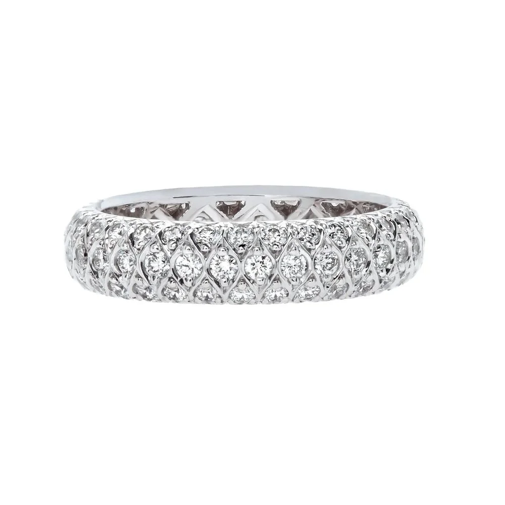 3-Row Eternity Band, 1.37 carat total weight in Round Brilliant Cut Diamonds. Easily Stackable. Set in platinum.