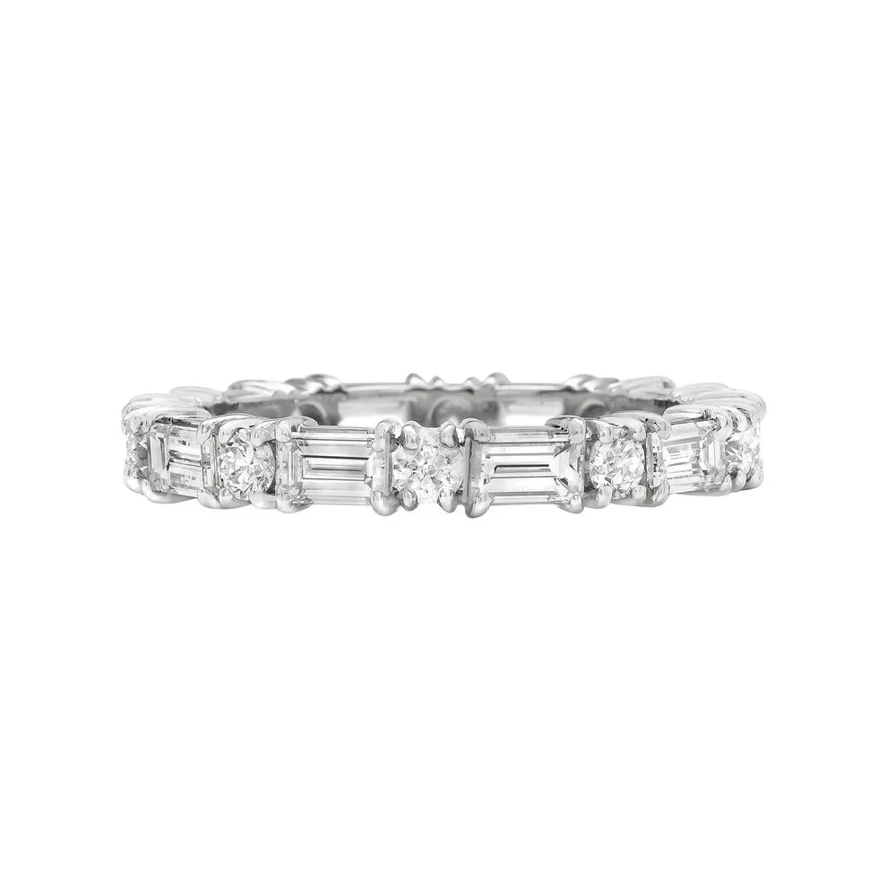 Baguette and Round Brilliant Cut Diamond Wedding Band.&nbsp;Set in platinum.