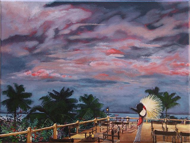 I made a second painting for my friends at La Paillote , featuring their #aperitif spot overlooking the beach and their striking #crestedcrane ! Stay tuned for detail pics.. #aperitifs #bigsky #clouds #palmtrees #palmtrees🌴 #capskirring #capskirring