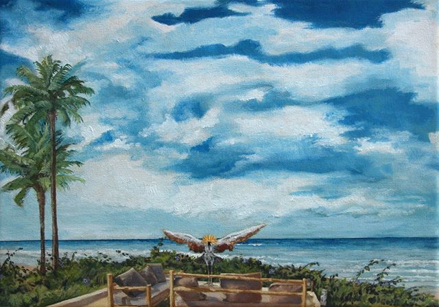 Finished painting! #bigsky #clouds #crestedcrane #palmtrees #palmtrees🌴 #lookoutpoint #lebelvedere #capskirring #capskirring🌴 #lapaillote #casamance #tropicaloilpainting #tropicaloilpaintings #annieoklaas #painter #paintersofinstagram #oilpainter #