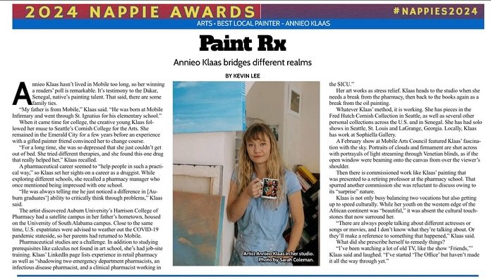 I&rsquo;m super excited to have won the #nappie award for Best Local Painter! Thank you so much to everyone who voted🫶, and thank you to Kevin Lee @lagniappe_daily for this great interview!

@sarahcolemanphoto still using the lovely photos you took 