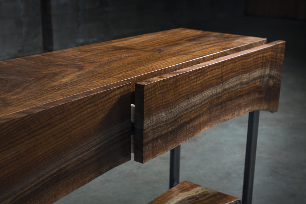Woodridge Live Edge Walnut Console Table Waterfall Sides And Drawer Fronts Shelf Steel H Base Mez Works Furniture Lake Tahoe Sf Bay Area Woodridge Live Edge Walnut Console, Custom Console Table With Drawers