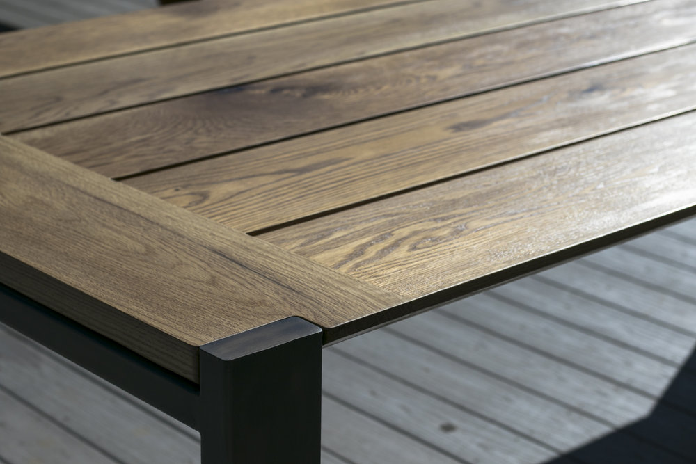 Lake Frame Beveled Steel Bay Profile and // | Mez Edge Furniture // SF Outdoor White Oak Tahoe Dining Area \'Hudson\' Table Works -