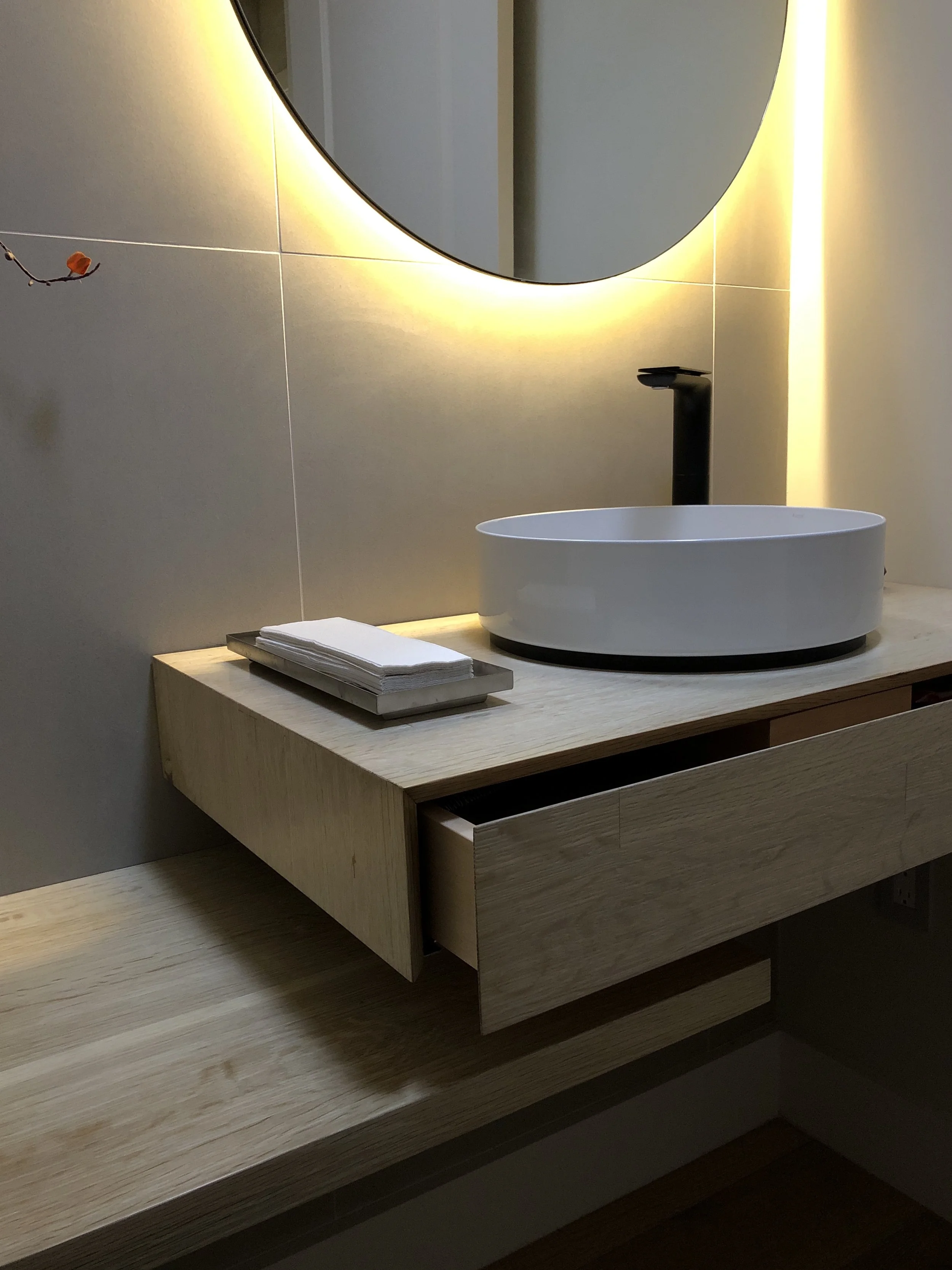 'Eloise' Floating Bathroom Vanity and Staggered Shelf Mez Works