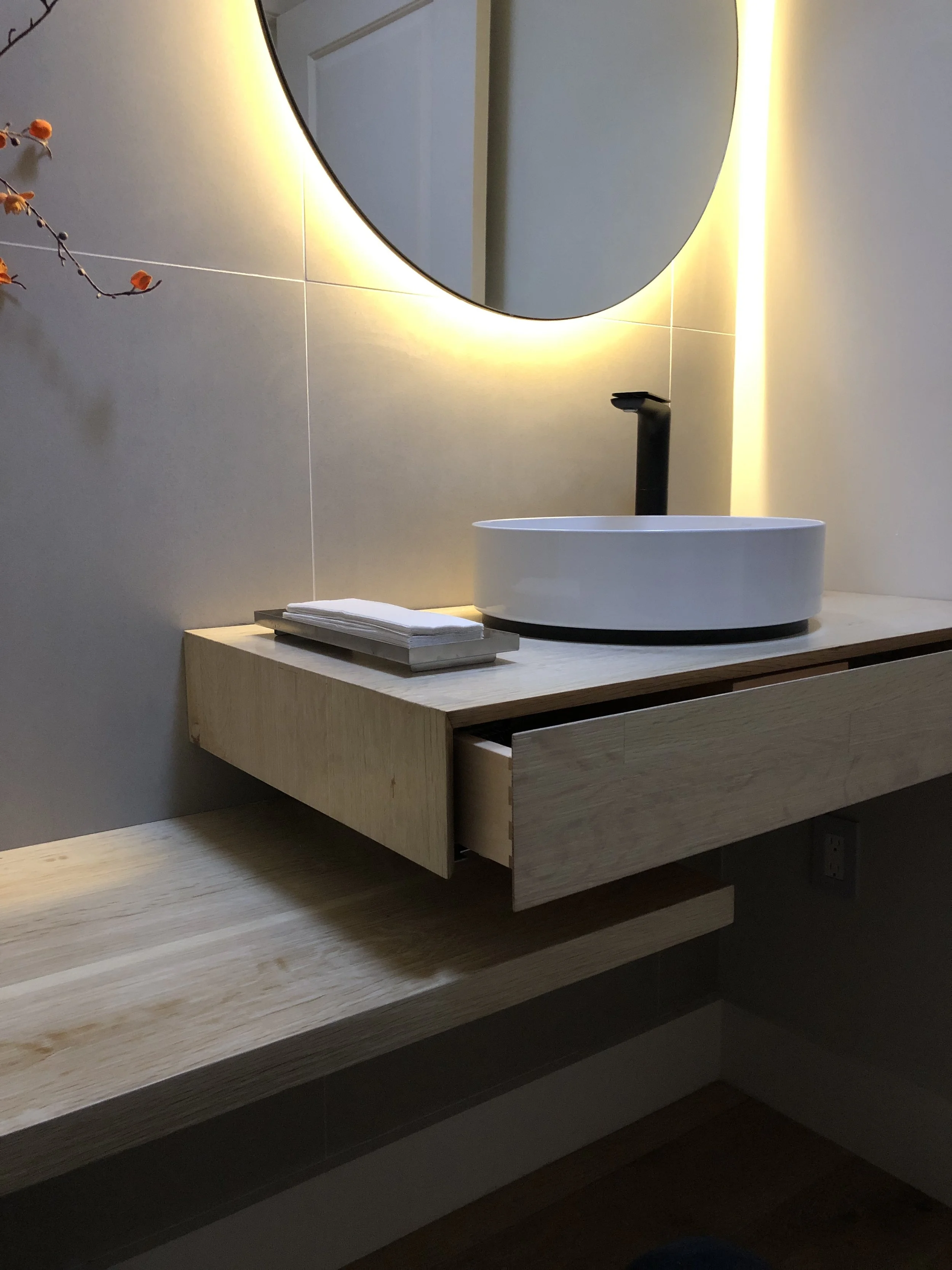 'Eloise' Floating Bathroom Vanity and Staggered Shelf Mez Works