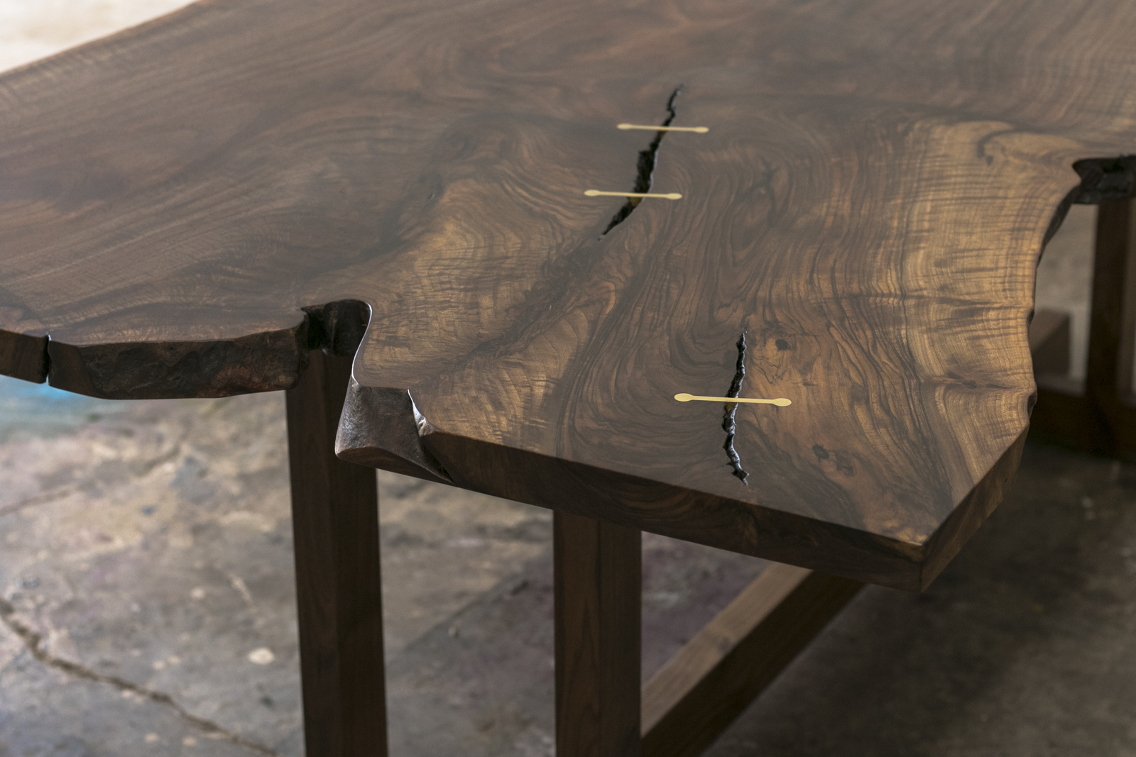 Custom Live Edge Dining Table Solid Wood Trestle Base Steel Inlay