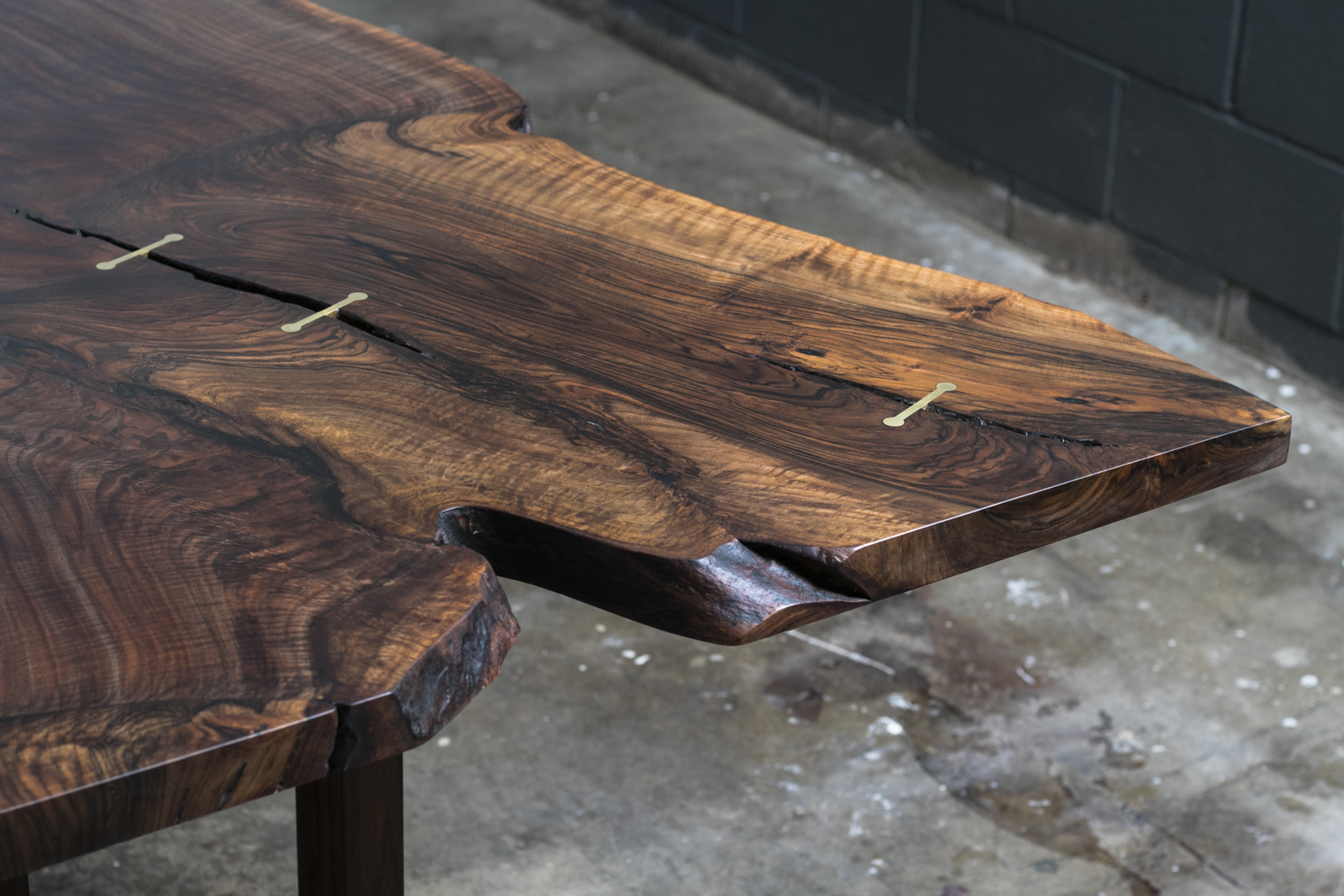 Custom Live Edge Dining Table Solid Wood Trestle Base Steel Inlay