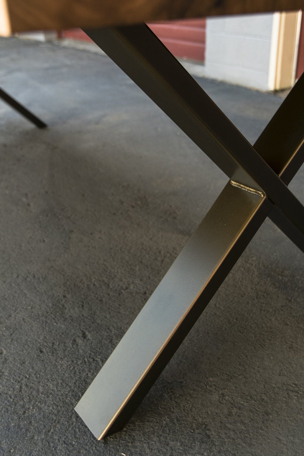 Edison Walnut Dining Table Notched Steel X Legs Expansion Option Mez Works Furniture Lake Tahoe And Sf Bay Area