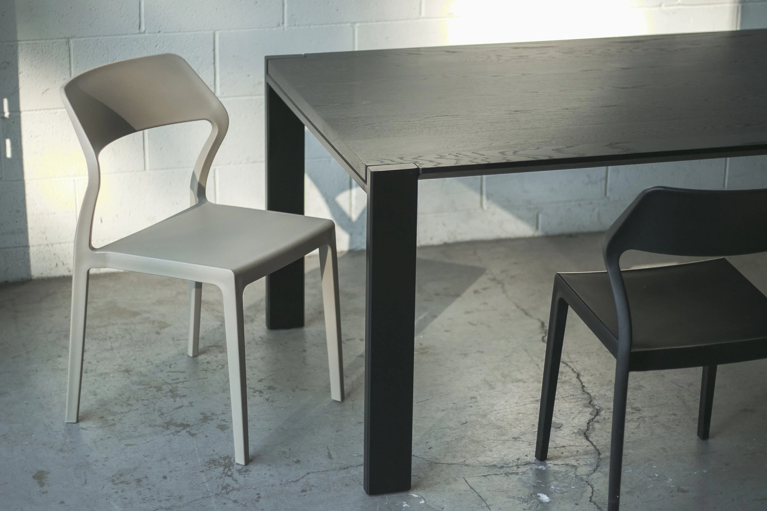 'HUDSON' White Oak Dining Table // "Blackout" Color-way // Beveled Edge Profile // Steel Parsons Frame