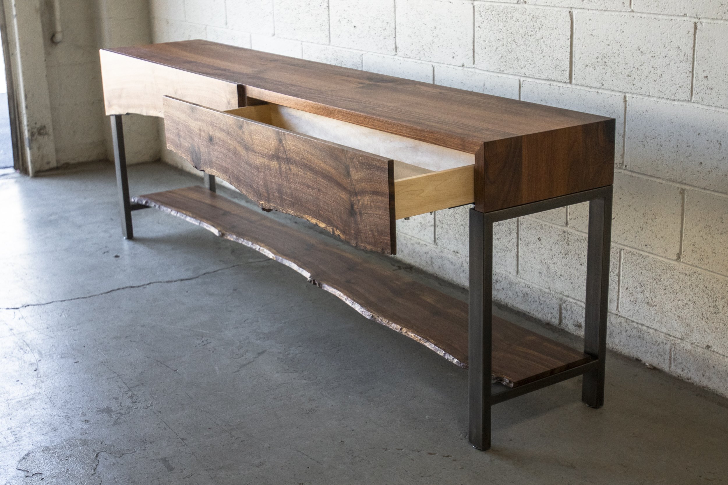 'WOODRIDGE' Console  // Live Edge Slab Drawer Front + Shelf // Steel Base //