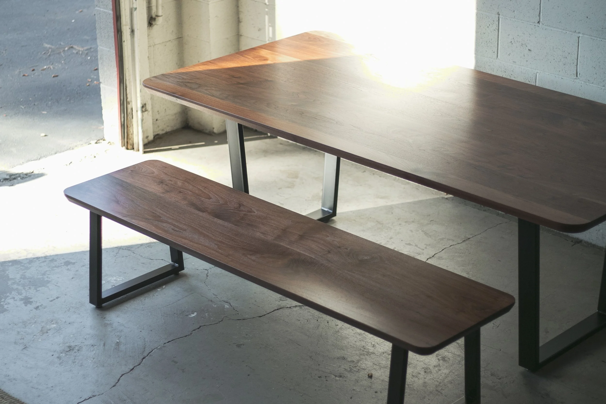 'SAKAMOTO' Walnut Dining Table and Bench Set // Steel Trapezoid Legs