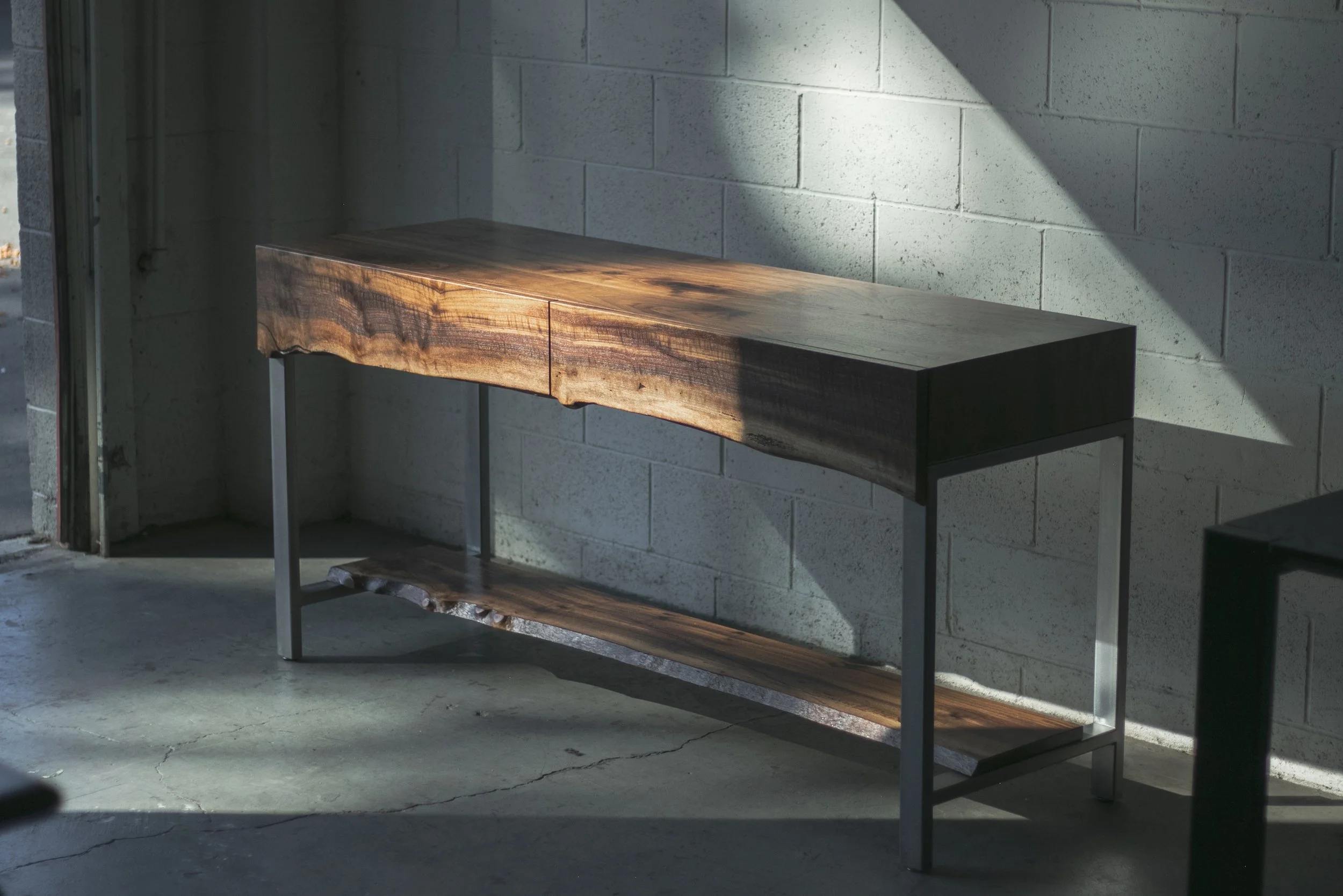 'WOODRIDGE' Console Table  /  Live Edge Slab Drawer Front + Shelf  / Steel Base
