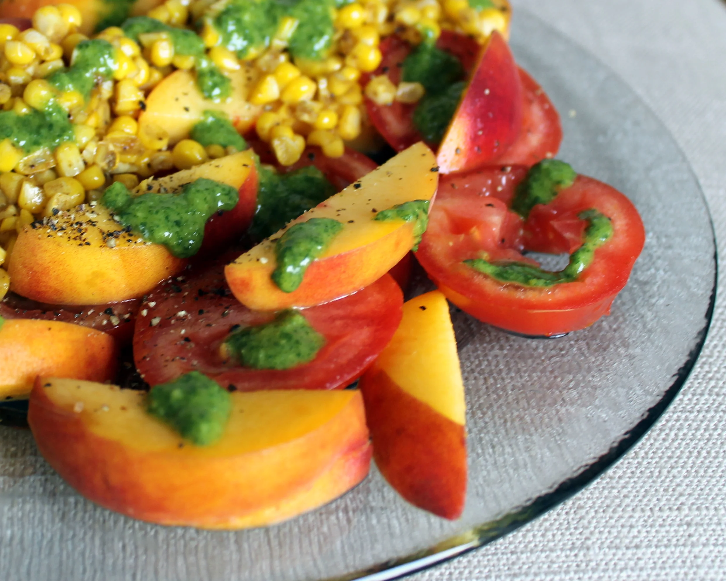 Tomato, Peach, and Tarragon Salad with Smoky Corn Gremolata