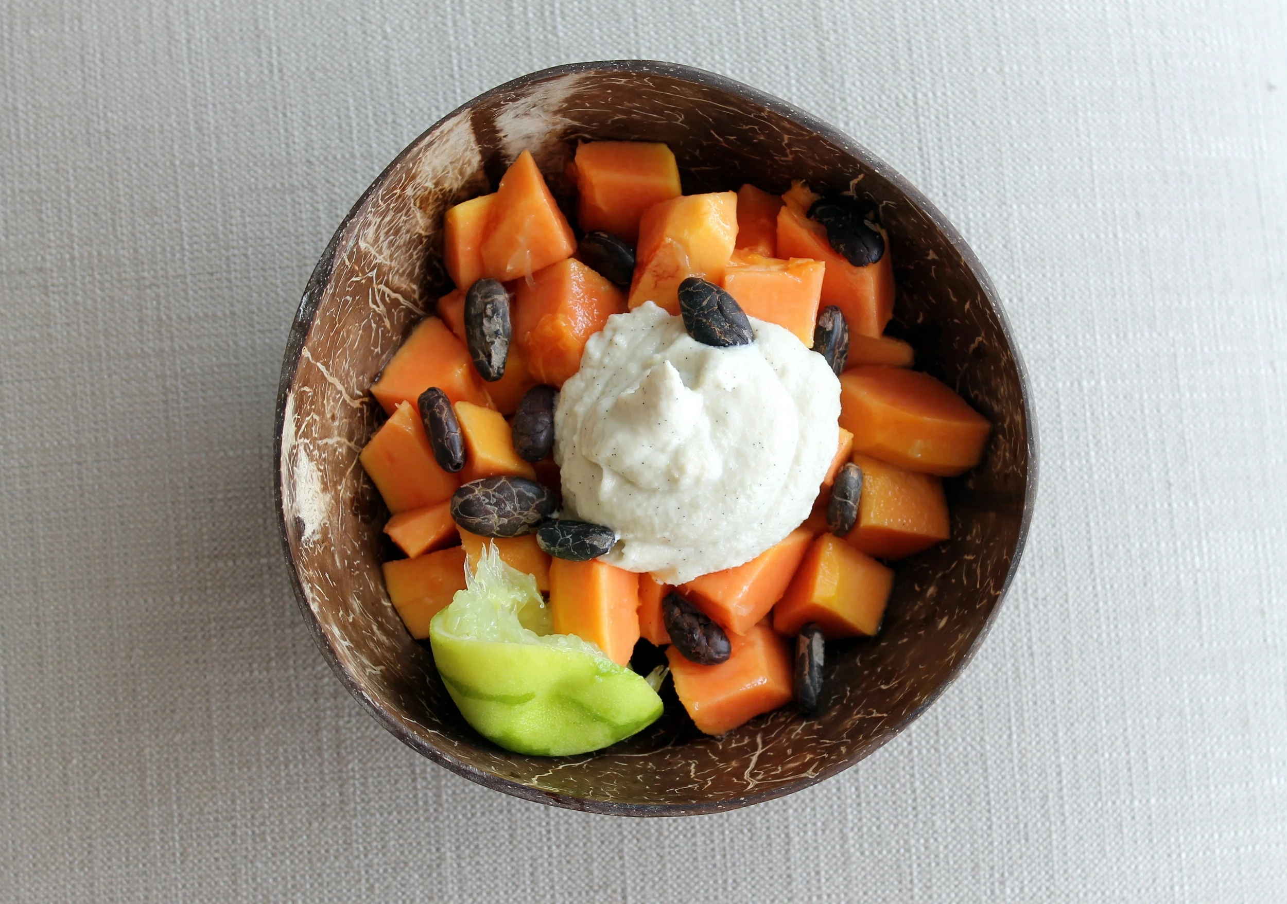 Papaya Salad with Lime Cashew Cream and Raw Cacao