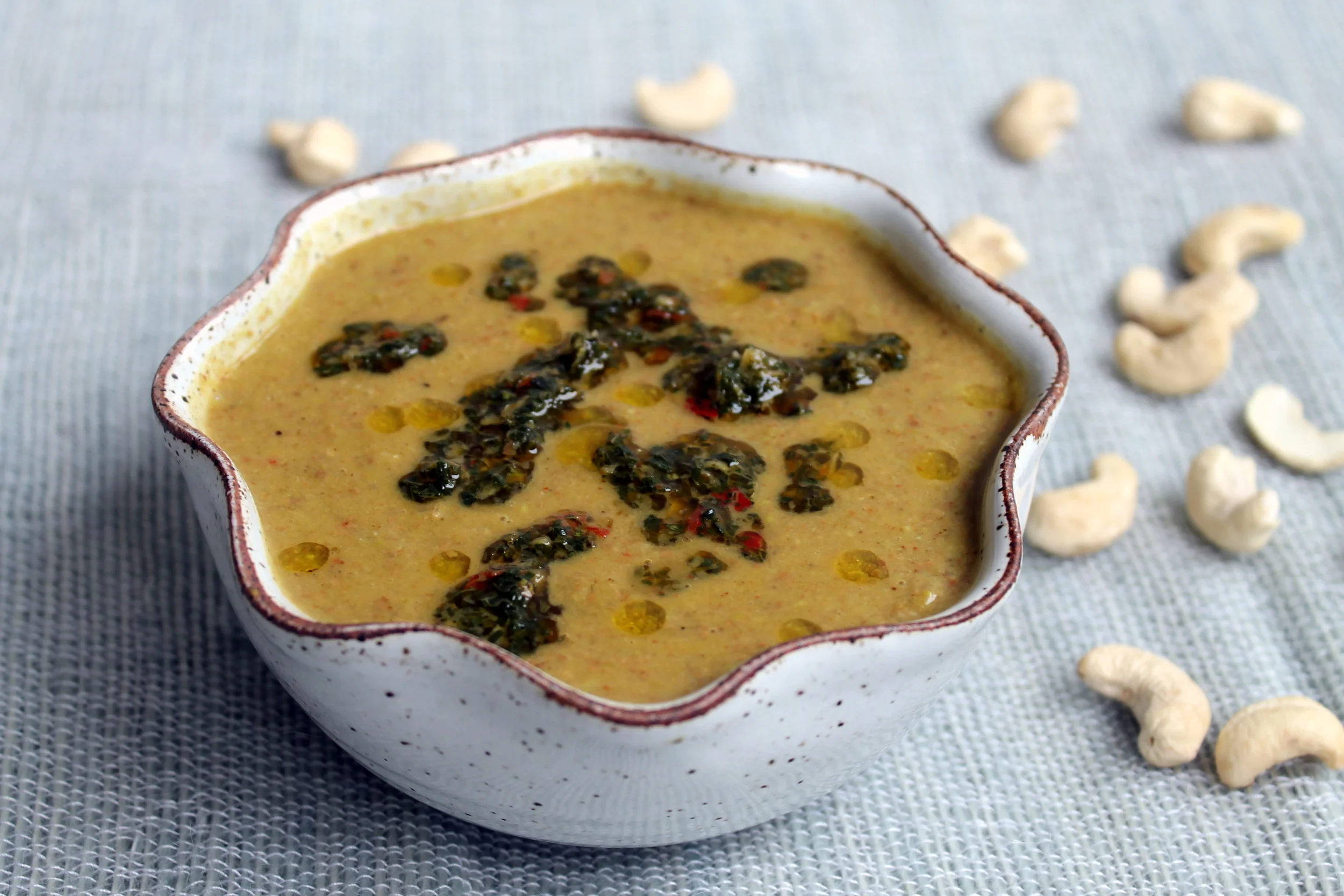 Roasted Cashew and Green Pea Soup with Mint Chimichurri