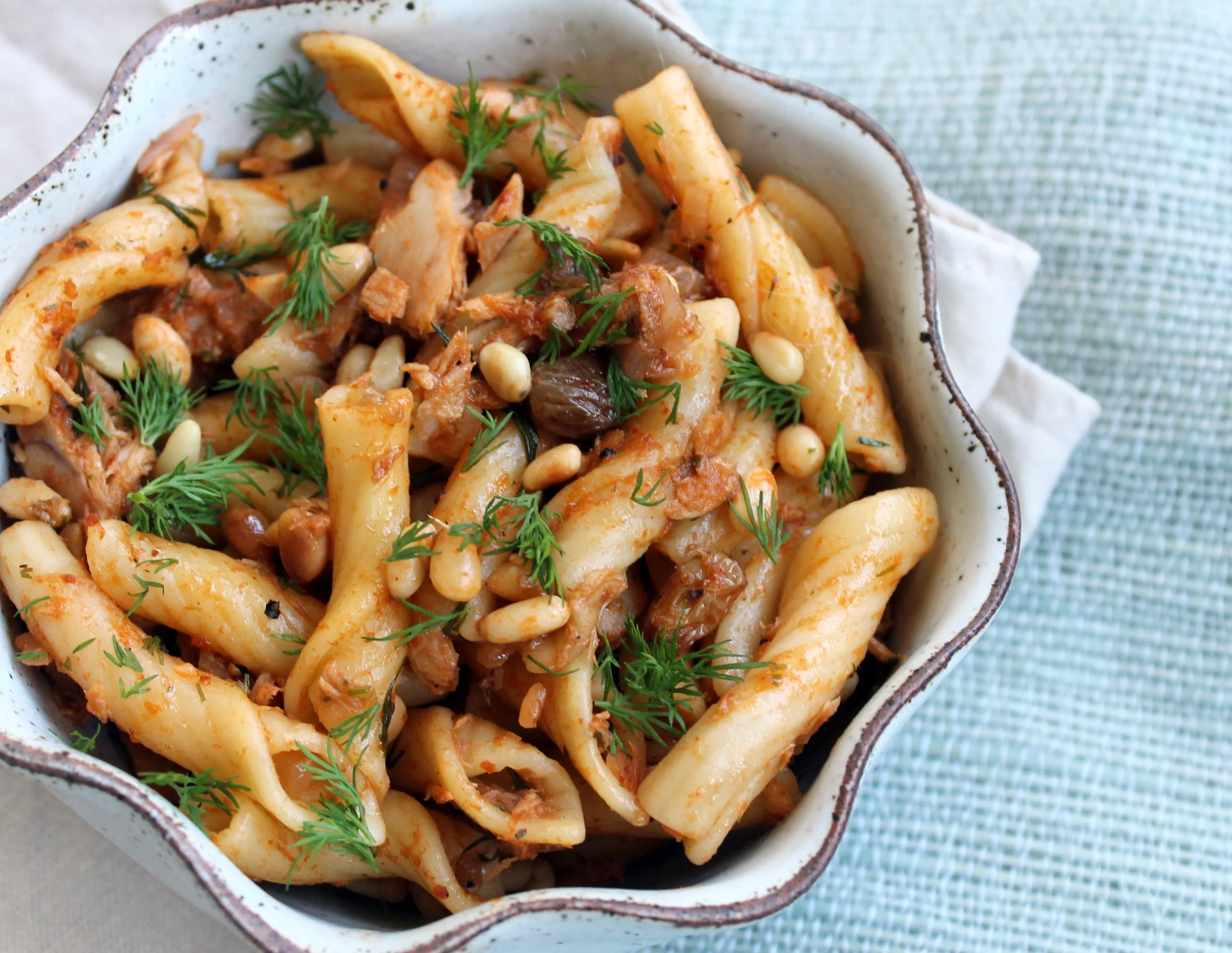 Sicilian Pasta with Tuna, Pine Nuts, and Raisins