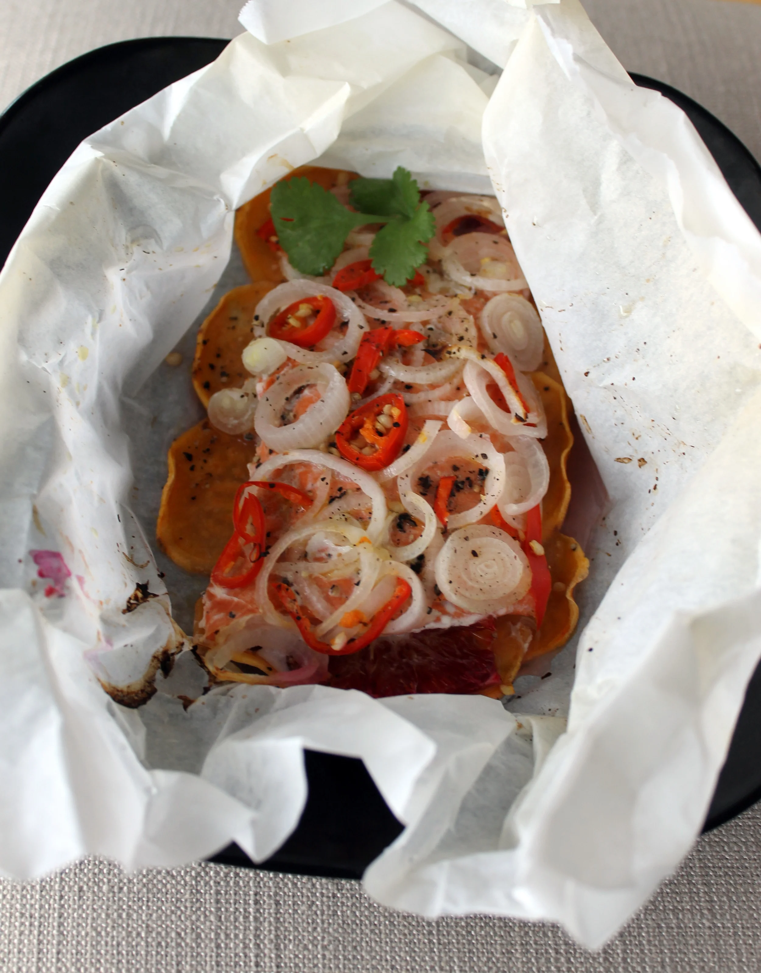 Blood Orange Salmon and Sweet Potato in Parchment