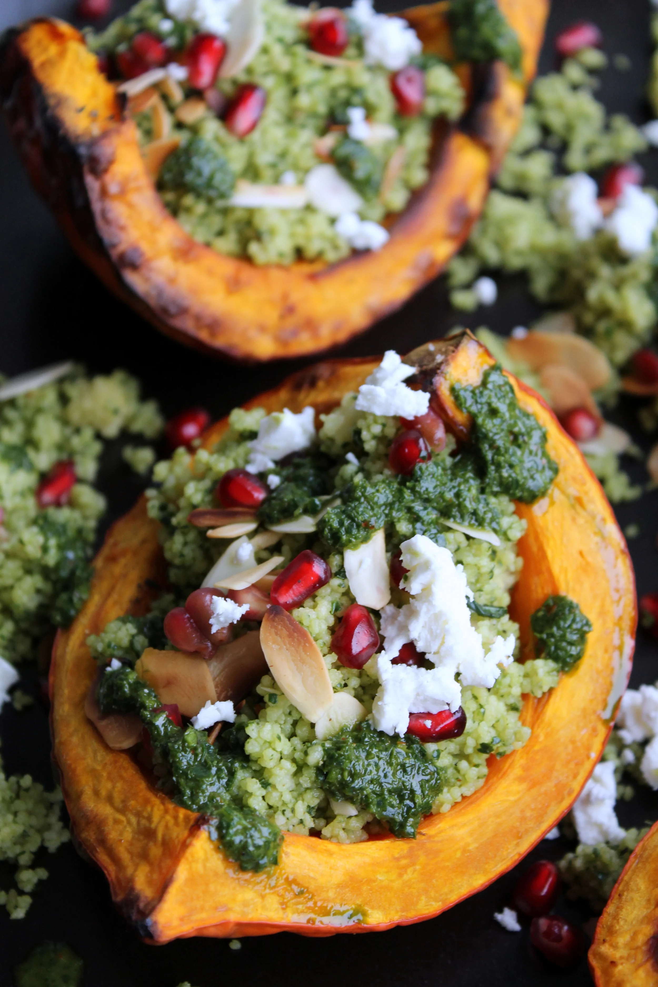 Green Couscous Platter with Roasted Squash, Feta, and Pomegranate