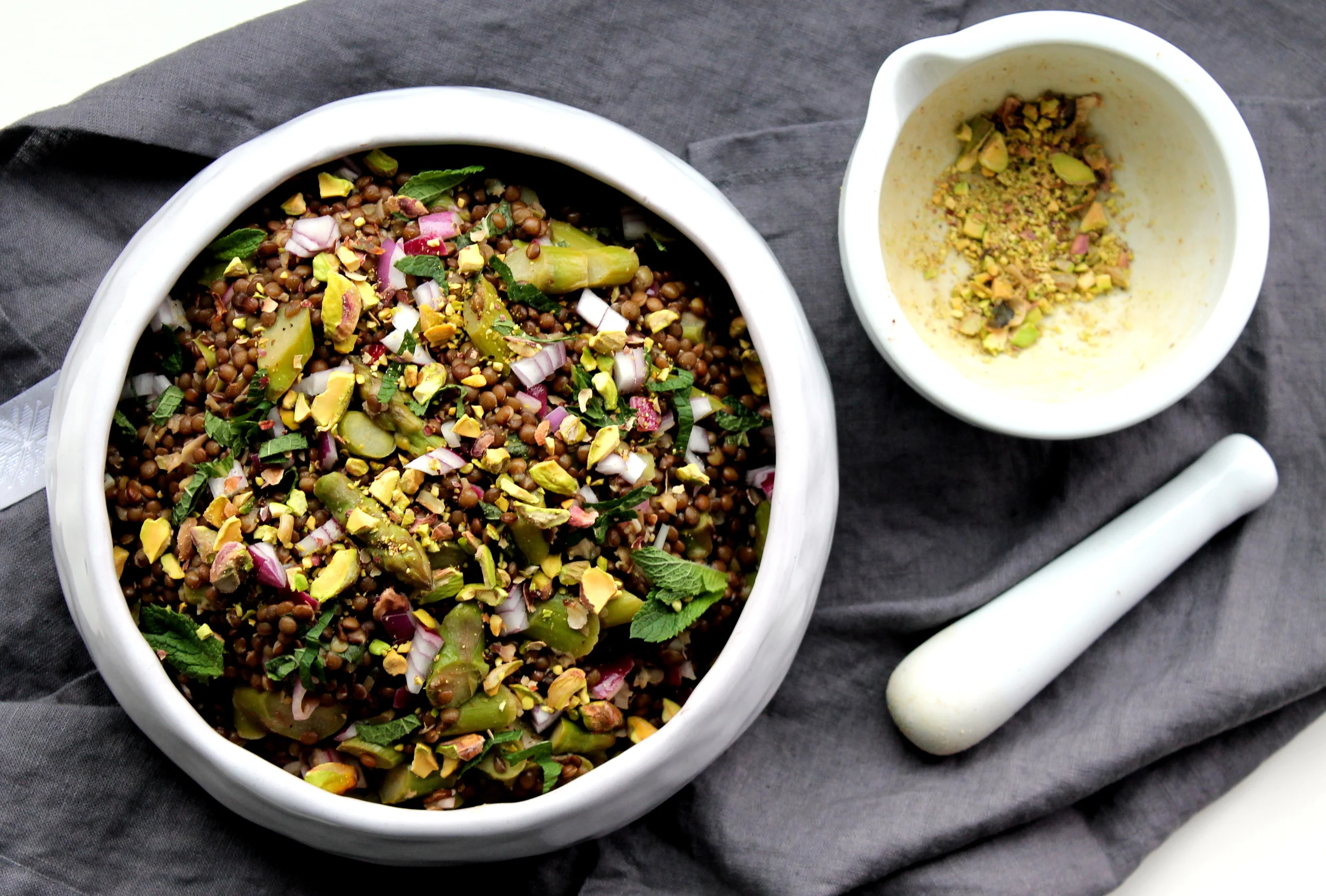 Asparagus Lentil Salad with Mint, Pistachio, and Tangy Lemon Dressing