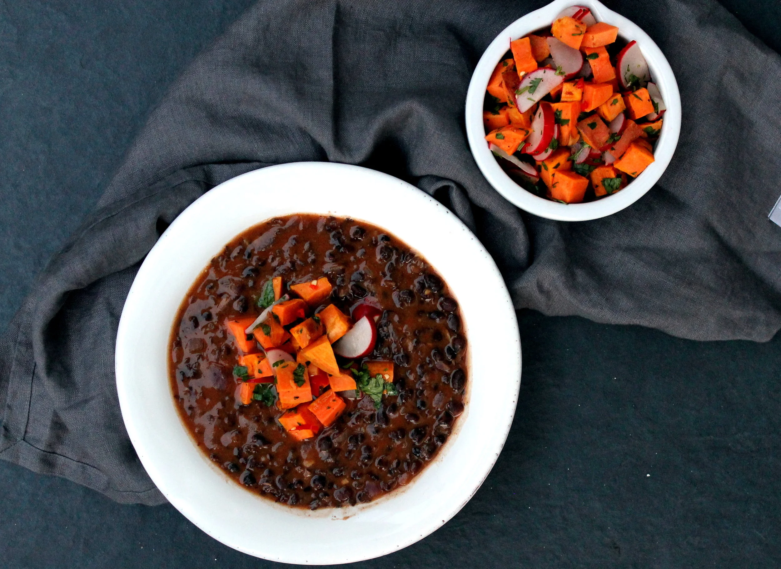 Black Bean Soup with Roasted Sweet Potato Salsa