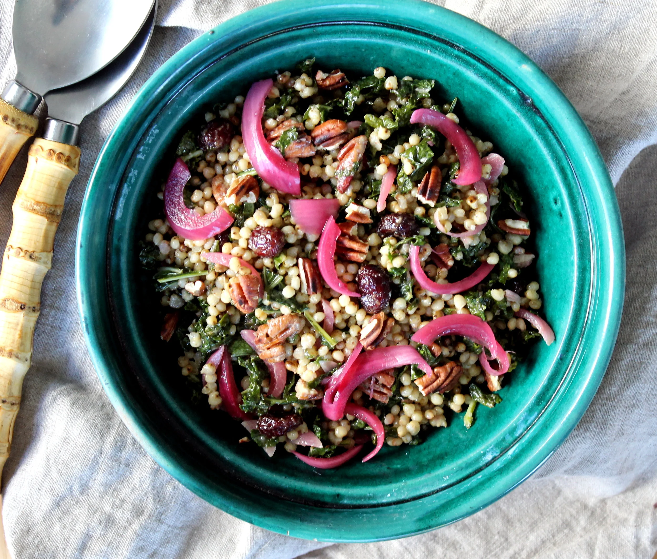 Sorghum Salad with Massaged Kale, Dried Cranberries, and Pecans