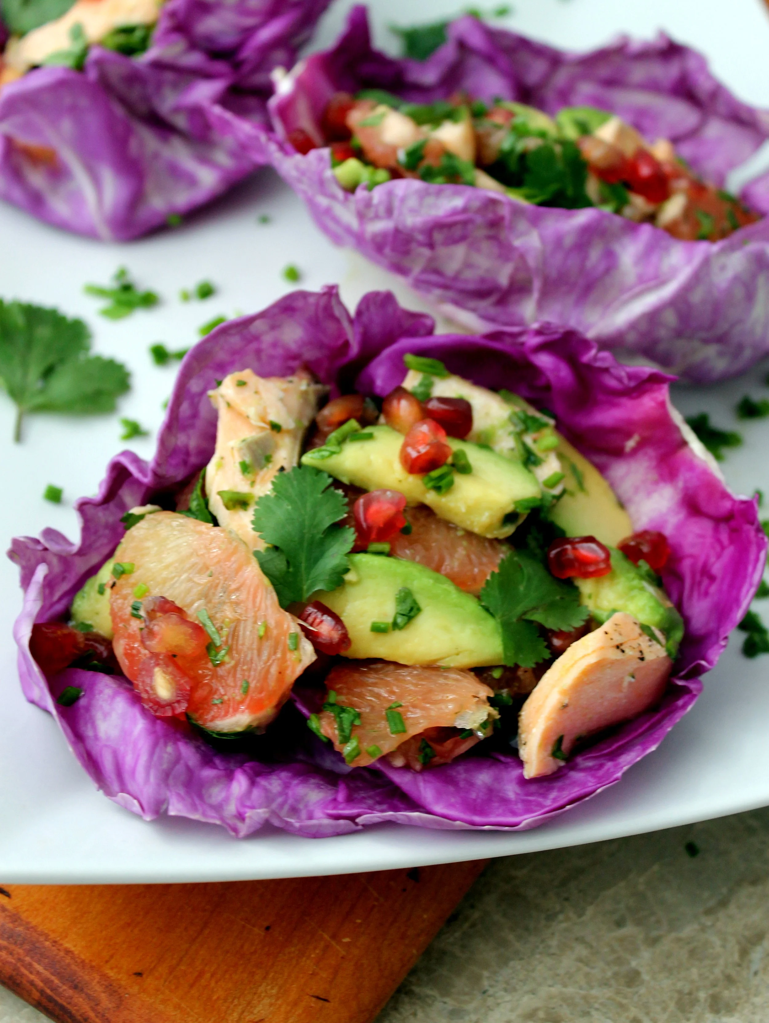 Purple Cabbage Cups with Flaked Salmon &amp; Avocado