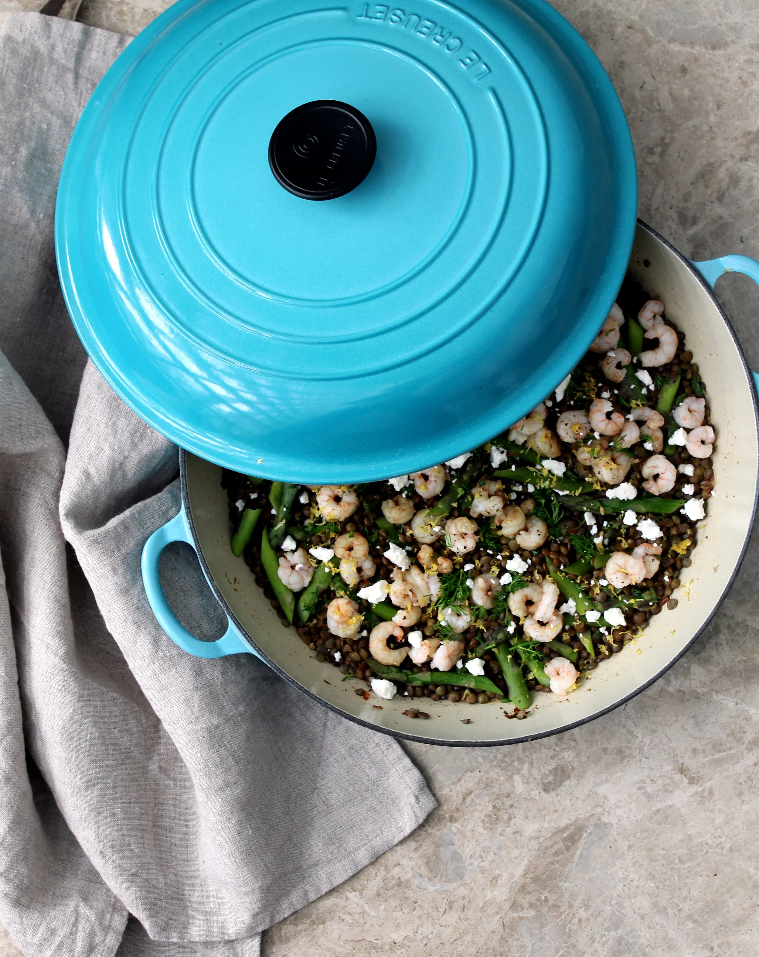 One Pan Lemony Lentils with Asparagus, Shrimp & Feta