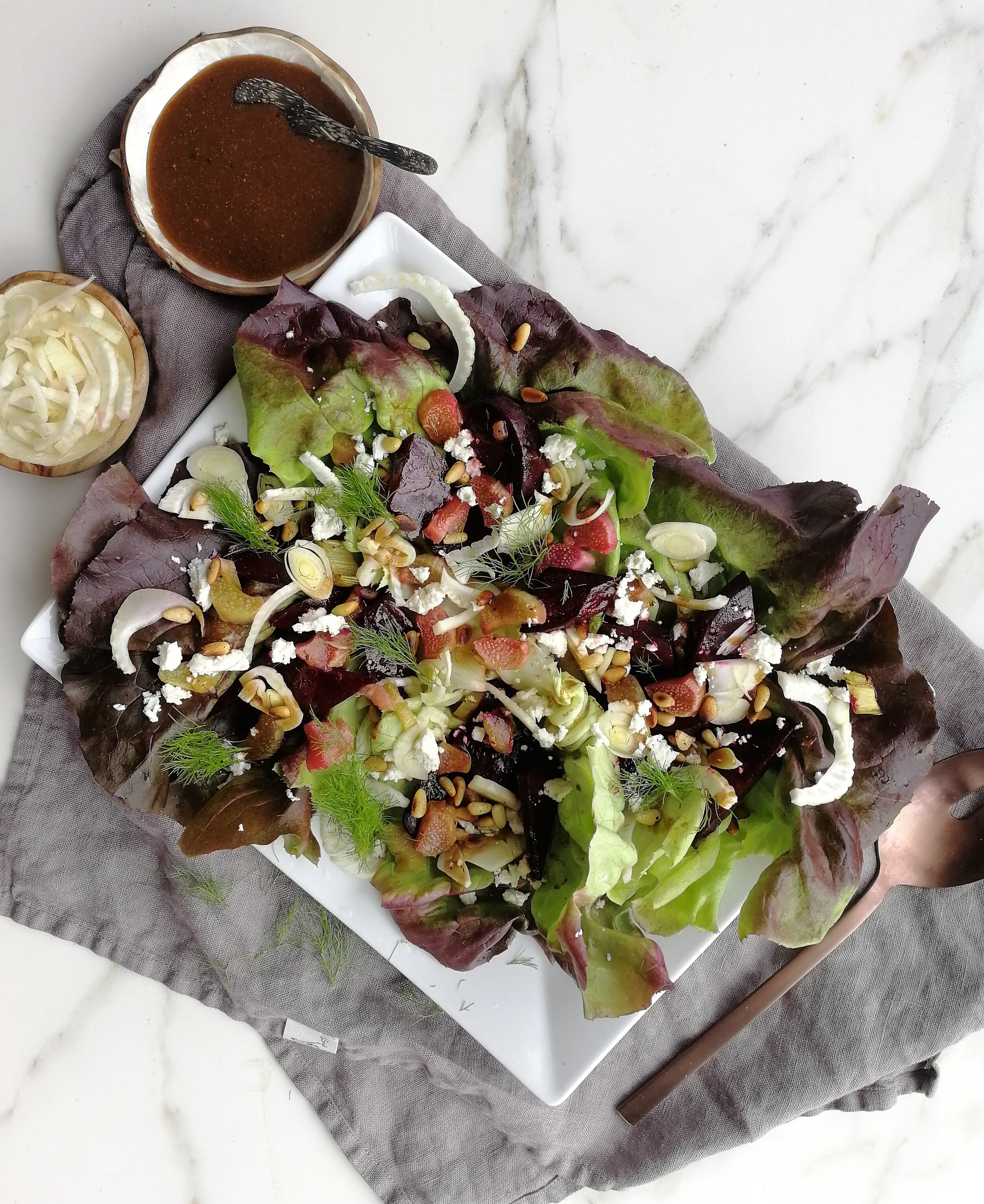 Roasted Rhubarb &amp; Beet Salad with Feta and Pine Nuts