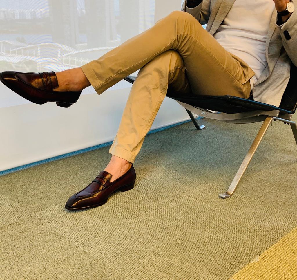 UNO, Mahogany with Chino Pants and a grey jacket