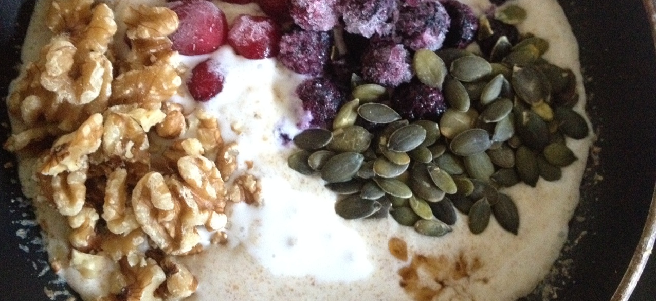 walnuts, frozen cranberries and blueberries, pepitas, maple syrup and coconut milk