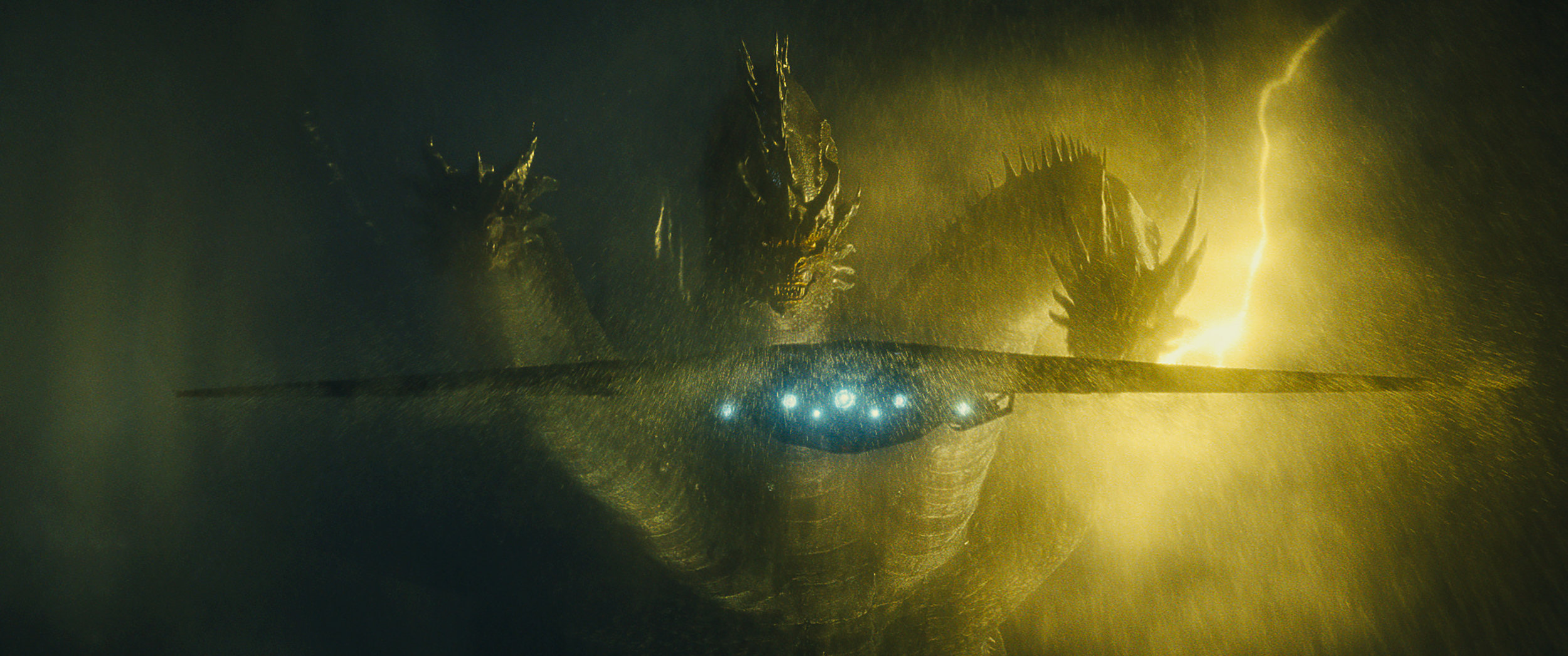 The terrifying three-headed King Ghidorah in Godzilla: King of the Monsters .