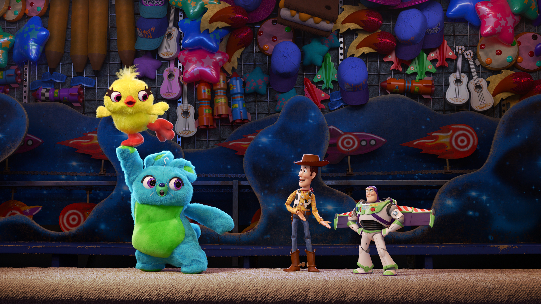 One iconic duo meets another, as Ducky and Bunny are introduced to Woody and Buzz in Toy Story 4 .