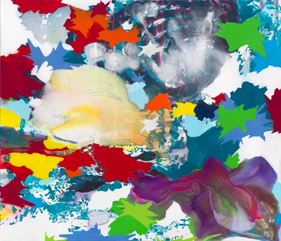 I'm late | Tusche, Acryl, Linoldruck und Öl auf Leinwand, 120 x 140 cm