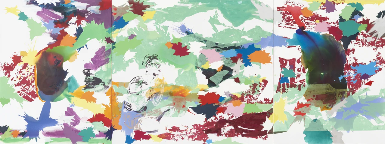 Man braucht nur zu warten | Tusche, Acryl, Linoldruck und Öl auf Leinwand | 180 x 480 cm (3tlg.)