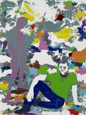 Für Zeitfahrer | Tusche, Acryl, Linoldruck u. Öl auf Leinwand | 200 x 150 cm