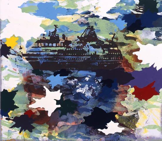 Auf Reisen | Tusche, Acryl, Linoldruck u. Öl auf Leinwand | 60 x 70 cm