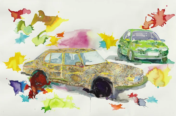 Sonntagsfahrt | Aquarell, Tusche u. Blattgold auf Papier | 80 x 124 cm