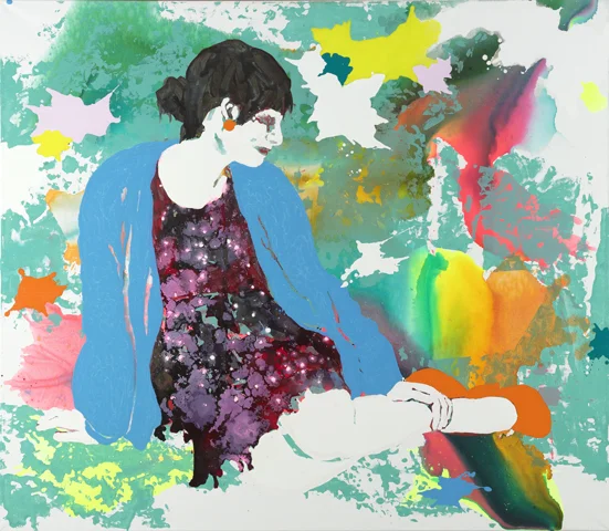 Mme ich liebe sie | Tusche, Acryl, Linoldruck u. Öl auf Leinwand | 140 x 160 cm