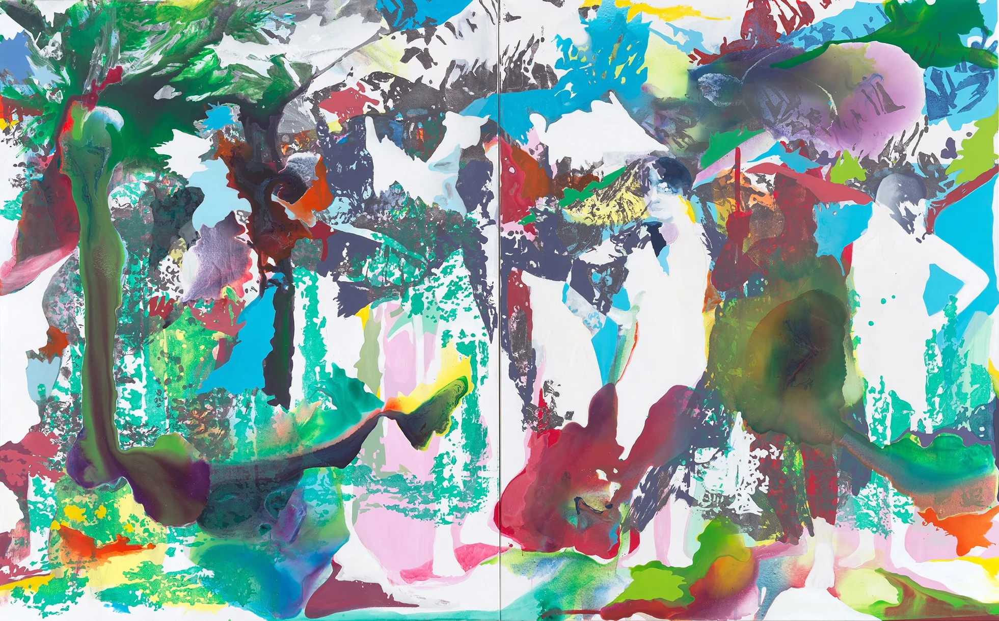 Hui – Patupaiarehe | Tusche, Acryl, Linoldruck und Öl auf Leinwand | 250 x 400 cm (Diptychon) 