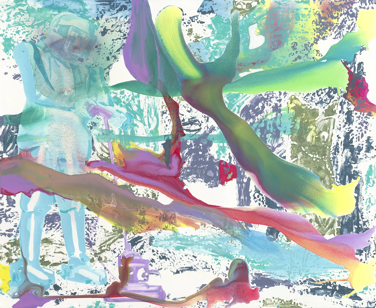 Robotaholica | Aquarell, Tusche, Acryl und Linoldruck auf Leinwand | 180 x 220 cm