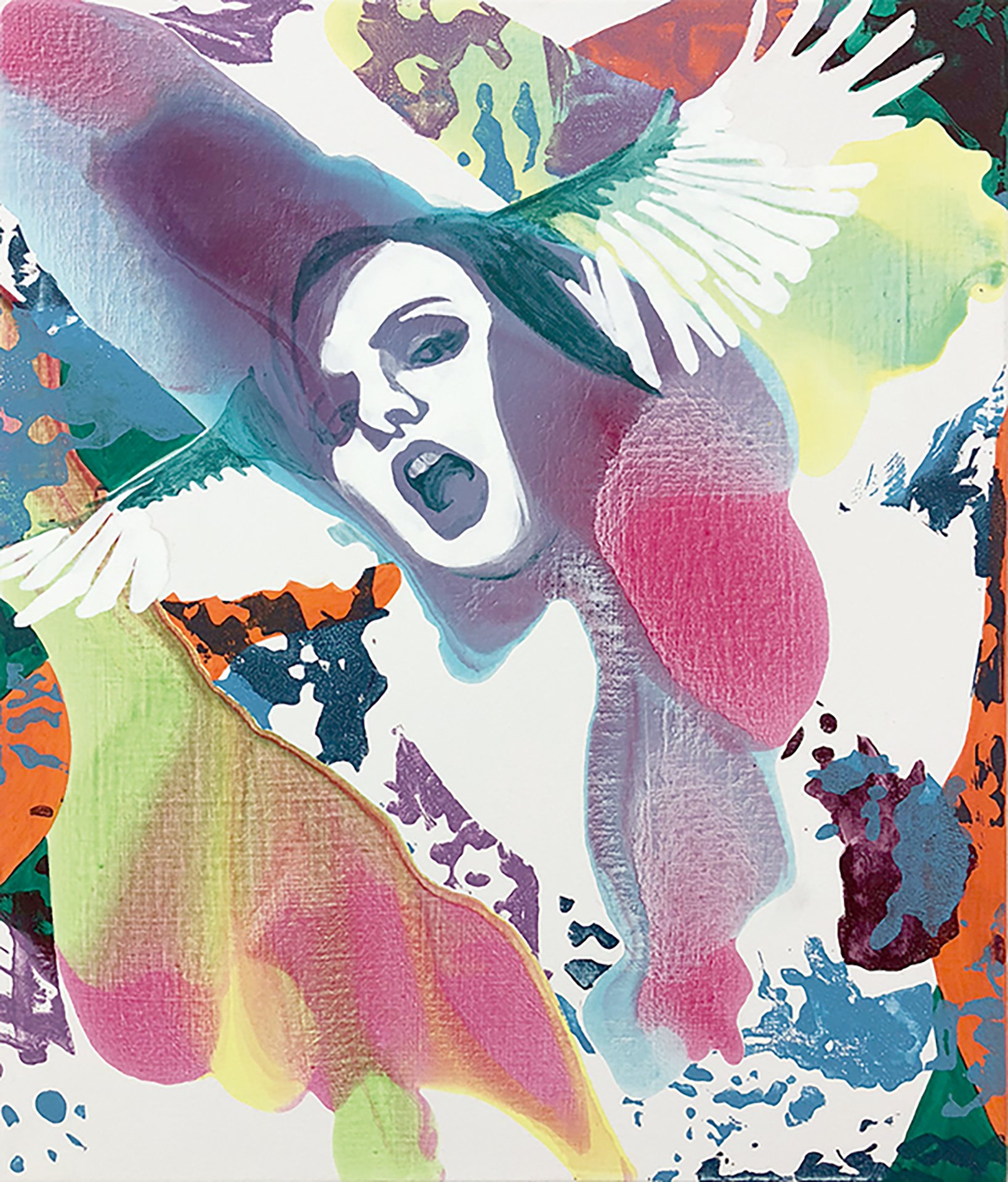 „Fly Me To The Moon” | Tusche, Acryl, Linoldruck und Öl auf Leinwand | 70 x 60 cm
