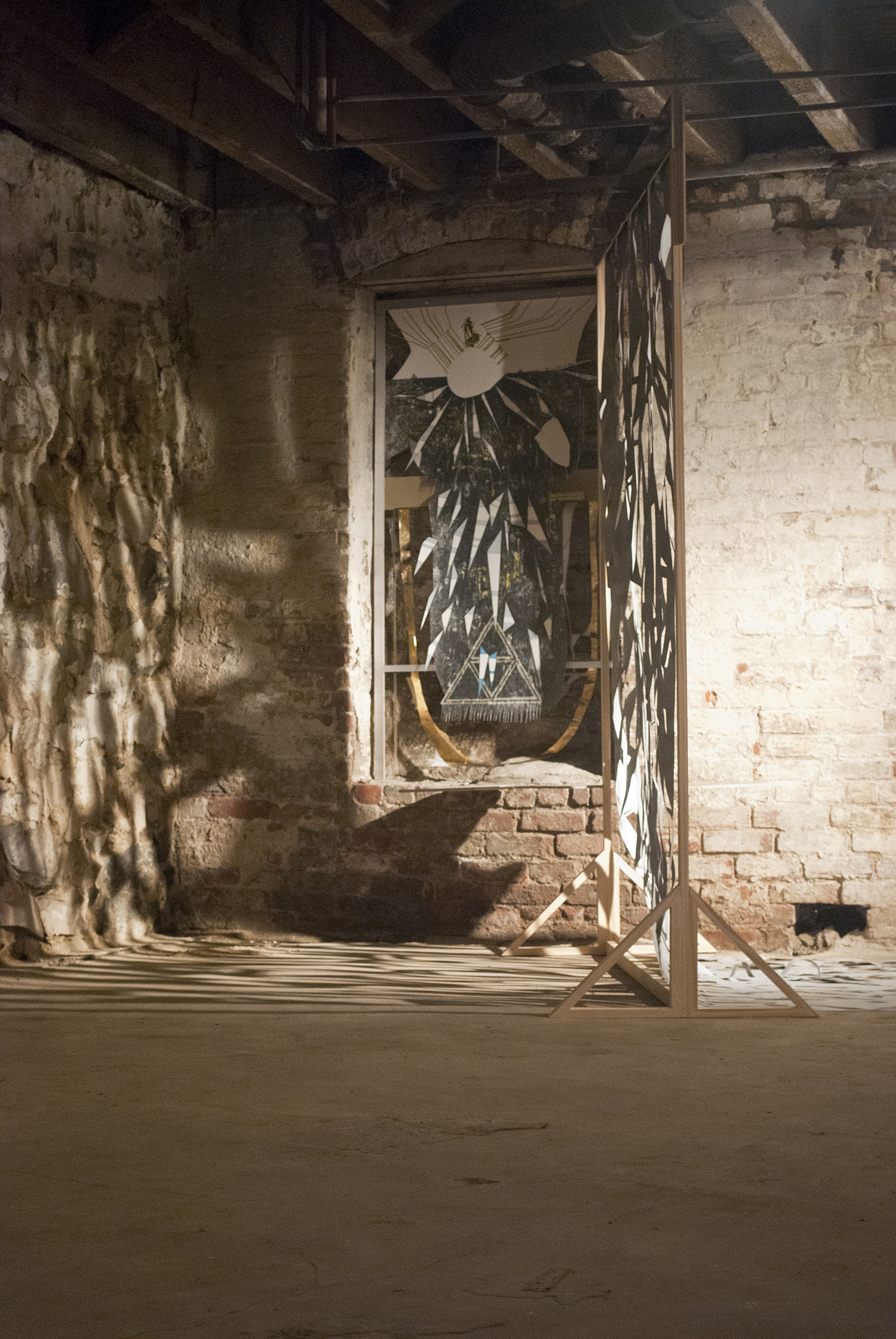 Lars van Dooren "Flattened Dirge", 2011, graphite, ink, colored pencil, gold leaf, spay paint on paper, laminate, linoleum, wood, dimensions variable
