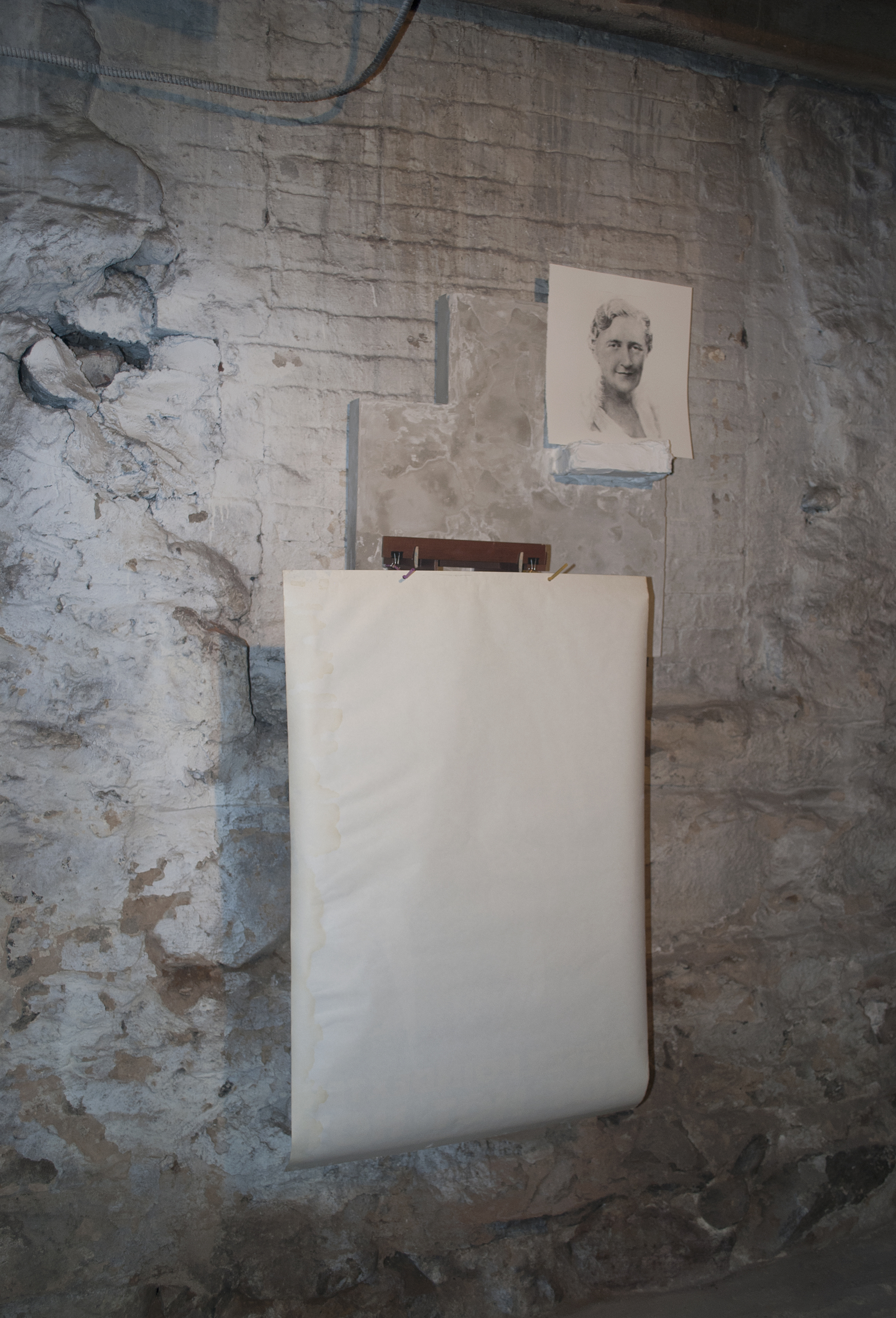 Nikita Vishnevskiy "Prepubescence", 2011, plaster, wood, binder clips, Buster Poindexter poster, paper graphite, plastic straws, dimensions variable