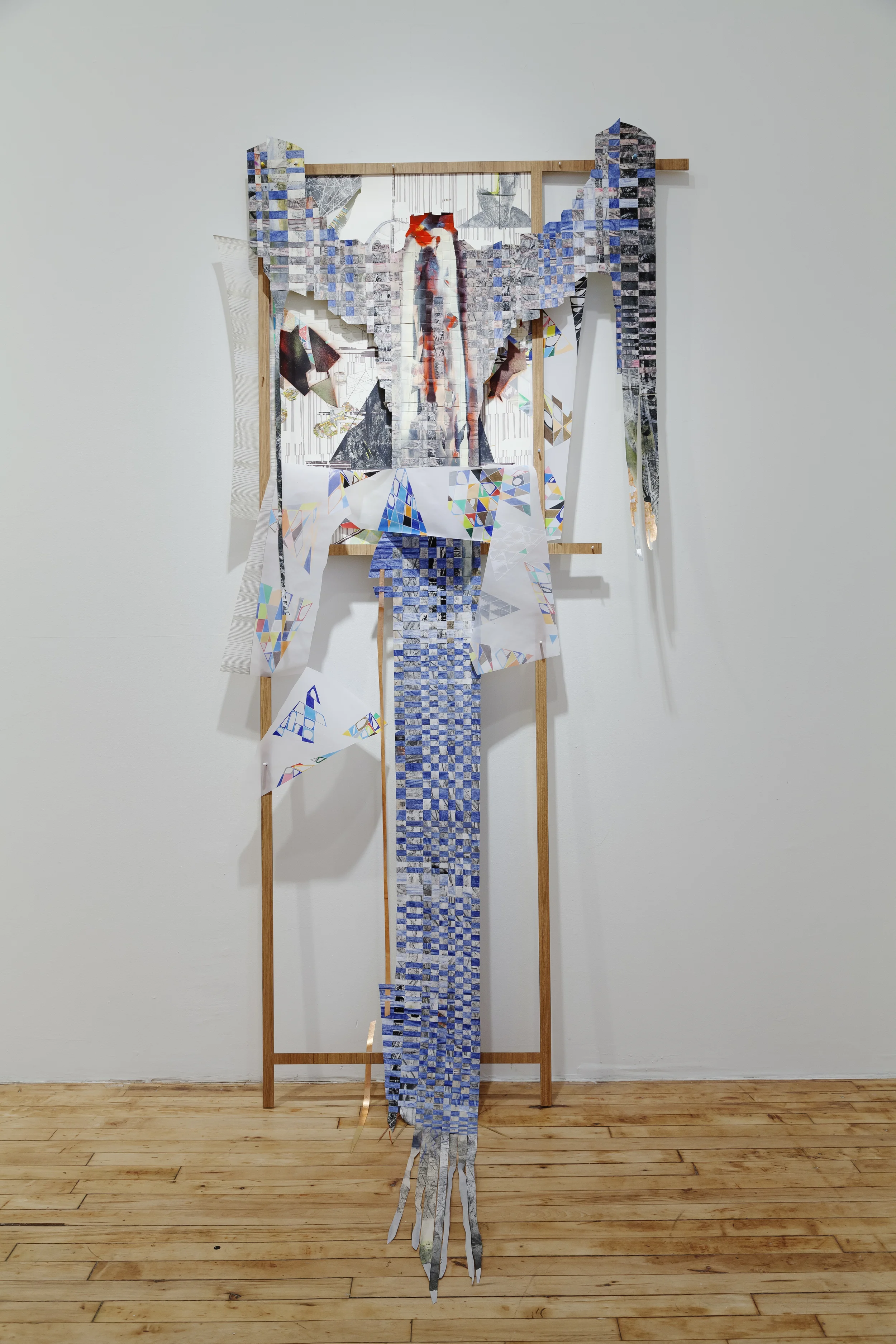 Lars van Dooren the flood (another garish foil) 2011-14 ink, graphite, colored pencil, block print, chalk pastel, metallic leaf, spray paint on mylar and paper 84" x 41-1/2" x 8"
