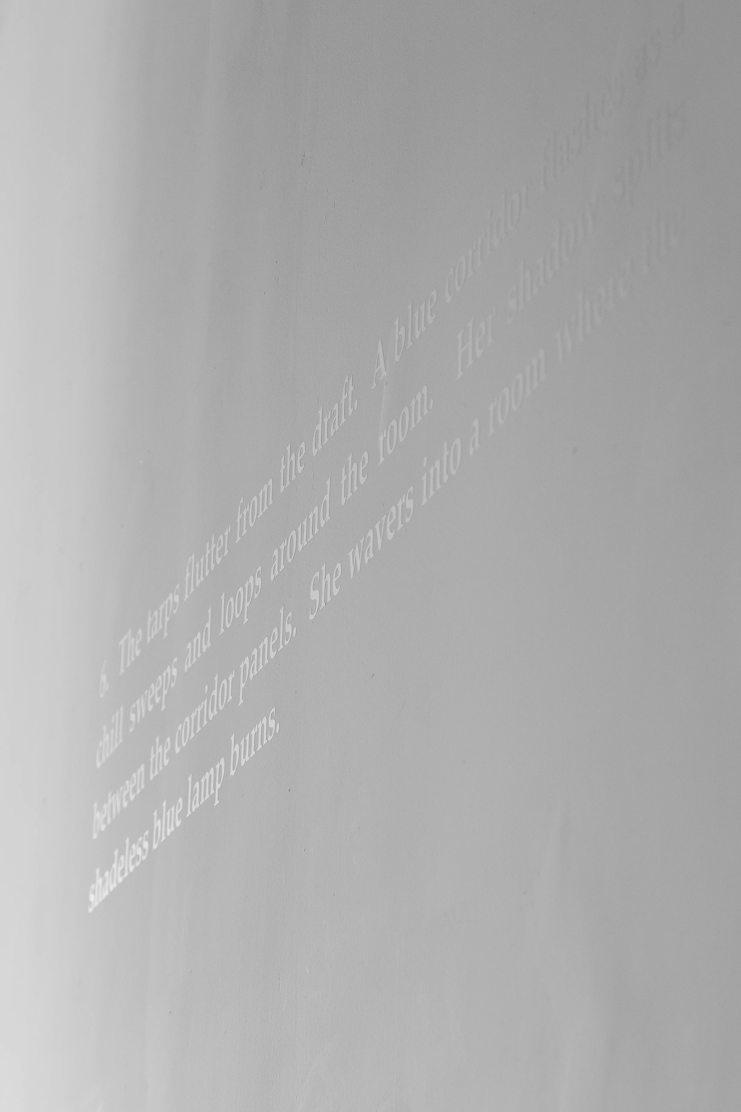 6. The tarps flutter from the draft. A blue corridor flashes as a chill sweeps and loops around the room. Her shadow splits between the corridor panels. She wavers into a room where the shadeless blue lamp burns. 2014 vinyl lettering dimensions variable
